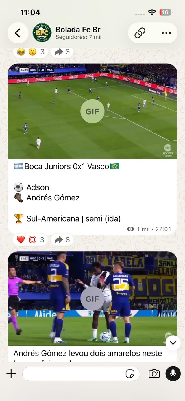 Print do canal com o GIF do gol de Boca Juniors 0x1 Vasco pela Sul-Americana