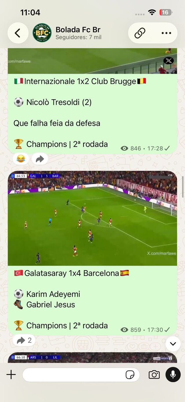 Print do canal com lances de Internazionale 1x2 Club Brugge e Galatasaray 1x4 Barcelona pela Champions