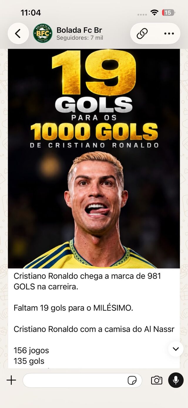 Print do canal com notícia sobre os 981 gols de Cristiano Ronaldo na carreira